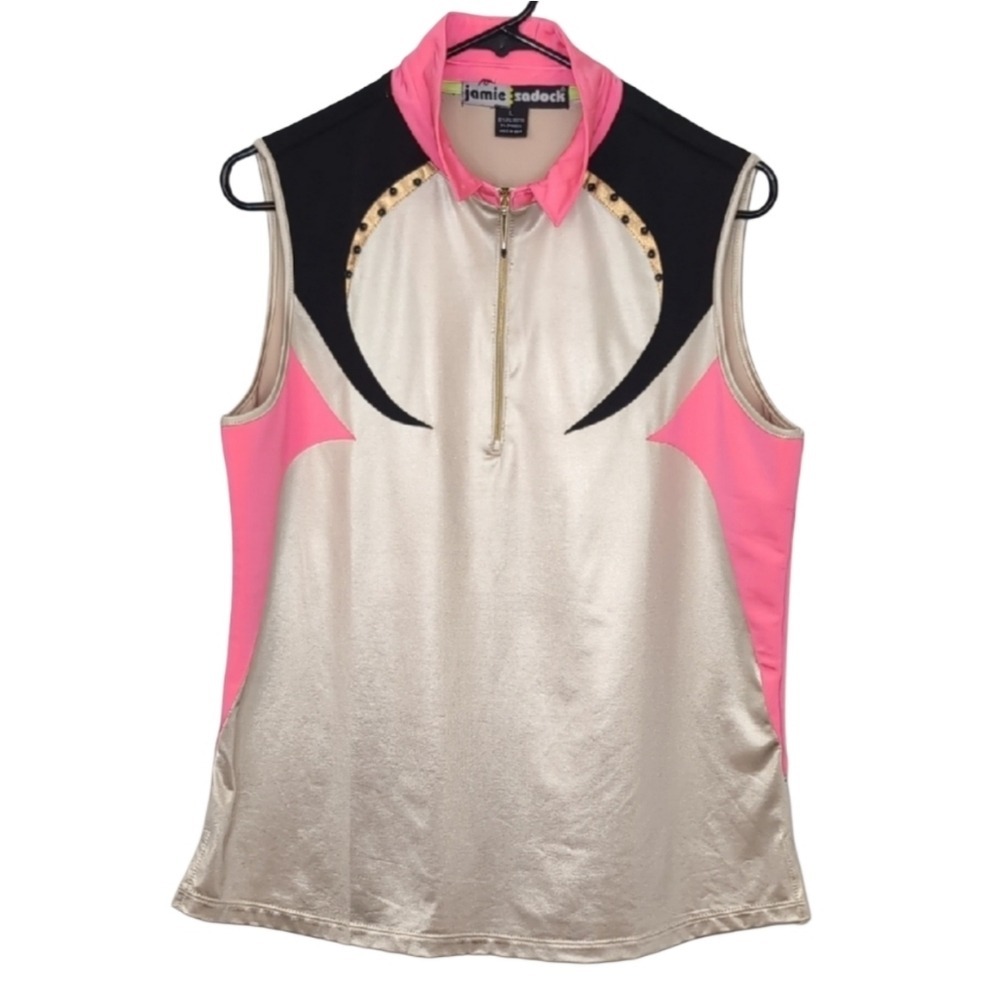 Jamie Sadock Women's Large Satin Cream Pink Black‎ Stretch Sleeveless Polo